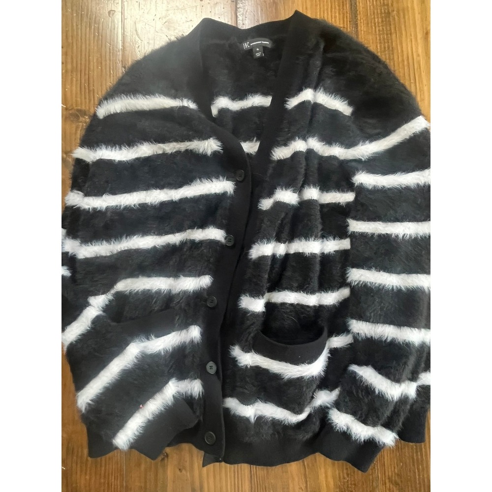 INC International Concepts Womens XL Black‎ White Striped Fuzzy Eyelash Cardigan